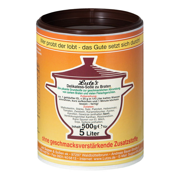 Delikatess-Soße zu Braten (500g Dose) - Pflanzlich & Geschmackvoll | Ohne Geschmacksverstärker, Laktosefrei, Glutenfrei - Feinkost Delikatessen: Wurst und Fleisch Spezialitäten | Wurst-Fleisch.com