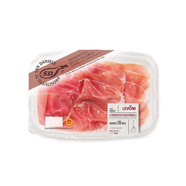 evoni "Prosciutto di San Daniele DOP" Rohschinken geschnitten 70g – Italienischer Genuss mit zartem Aroma – Entdecken Sie den luftgetrockneten Prosciutto di San Daniele DOP von Levoni! - Feinkost Delikatessen: Wurst und Fleisch Spezialitäten | Wurst-Fleisch.com