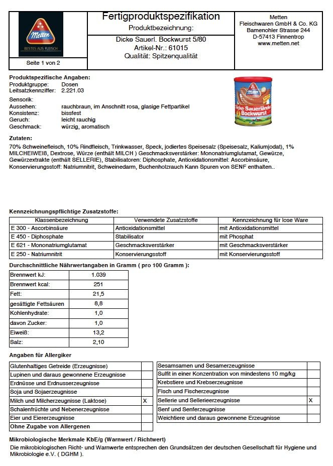 Herzhaft und knackig: Metten Dicke Sauerländer Bockwurst! a 400g ( 5 x 80g) - Feinkost Delikatessen: Wurst und Fleisch Spezialitäten | Wurst-Fleisch.com