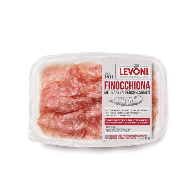 Levoni "Finocchiona" Fenchelsalami geschnitten 80g – Zart-würzige Salami mit unverkennbarem Fenchelaroma – Italienische Handwerkskunst von Levoni - Feinkost Delikatessen: Wurst und Fleisch Spezialitäten | Wurst-Fleisch.com