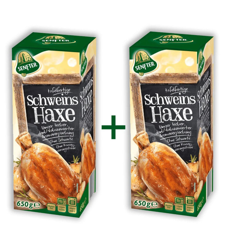 Senfter tafelfertige Schweinshaxe, 2er Pack (2 x 650 g) - Tafelfertige Schweinshaxe gewürzt und gegart, küchenfertig zubereitet. Gekochte Schweinshaxe, im eigenen Saft gegart - Feinkost Delikatessen: Wurst und Fleisch Spezialitäten | Wurst-Fleisch.com