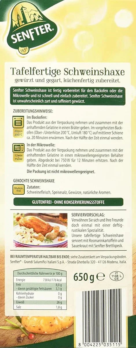 Senfter tafelfertige Schweinshaxe 650 g - Tafelfertige Schweinshaxen gewürzt und gegart, küchenfertig zubereitet. Gekochte „Schweins Haxe“, im eigenen Saft gegart - Feinkost Delikatessen: Wurst und Fleisch Spezialitäten | Wurst-Fleisch.com