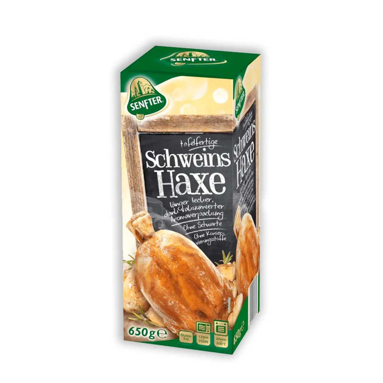 Senfter tafelfertige Schweinshaxe 650 g - Tafelfertige Schweinshaxen gewürzt und gegart, küchenfertig zubereitet. Gekochte „Schweins Haxe“, im eigenen Saft gegart - Feinkost Delikatessen: Wurst und Fleisch Spezialitäten | Wurst-Fleisch.com