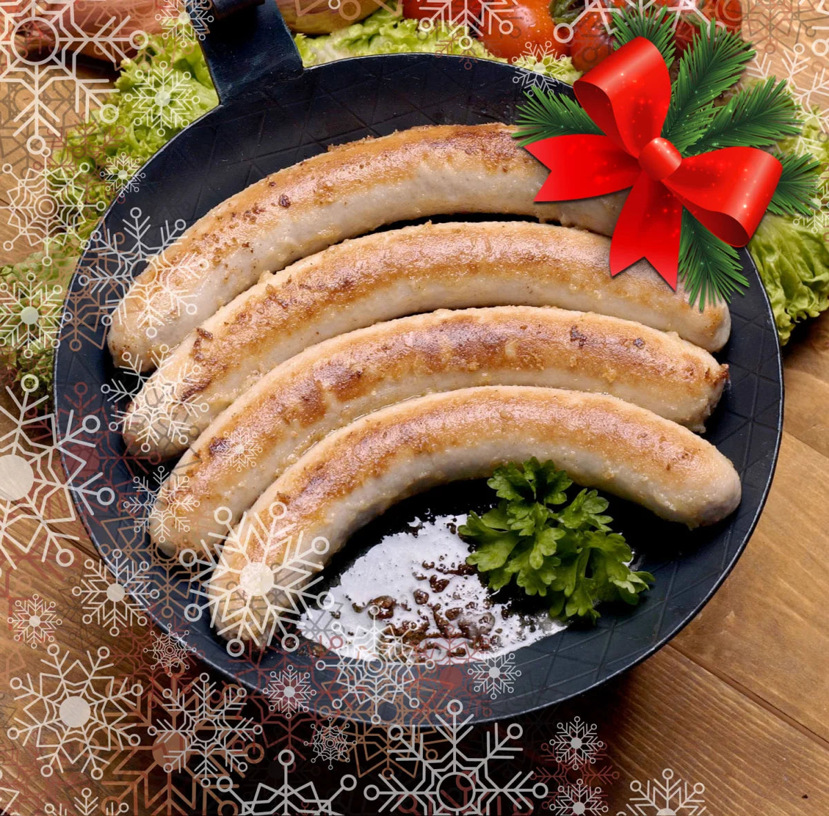 Gebrühte Weihnachtsbratwurst auf dem Teller, eine Brühwurst