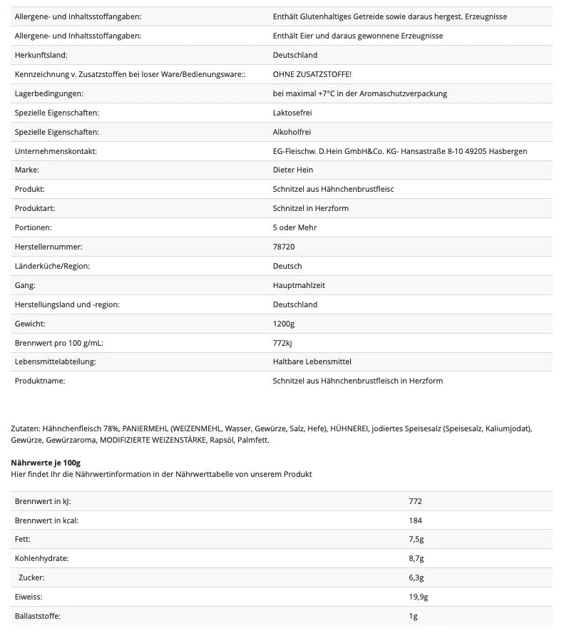 Schnitzel aus Hähnchenbrustfleisch in Herzform - paniert und gebraten 20x60g im Frischepack - Feinkost Delikatessen: Wurst und Fleisch Spezialitäten | Wurst-Fleisch.com