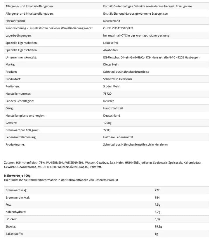 Schnitzel aus Hähnchenbrustfleisch in Herzform - paniert und gebraten 20x60g im Frischepack - Feinkost Delikatessen: Wurst und Fleisch Spezialitäten | Wurst-Fleisch.com